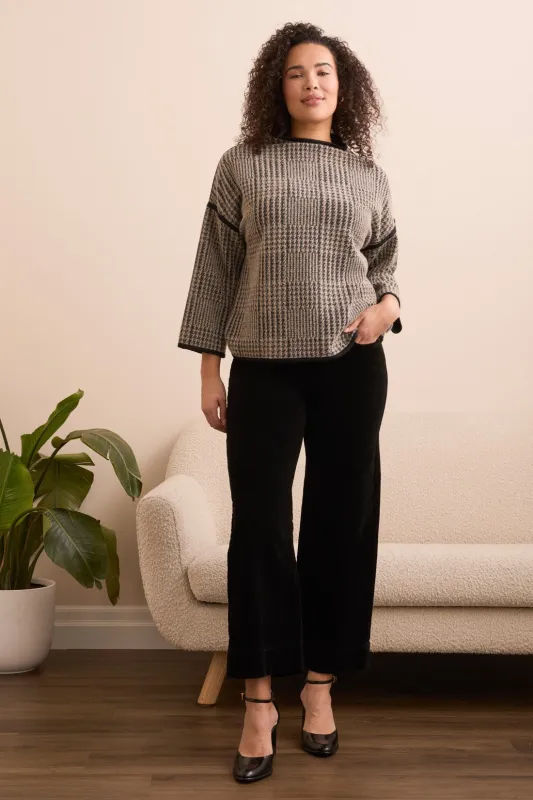 3/4 Sleeve Mock Neck Jacquard Plaid Top-Sandstone sold by Tribal