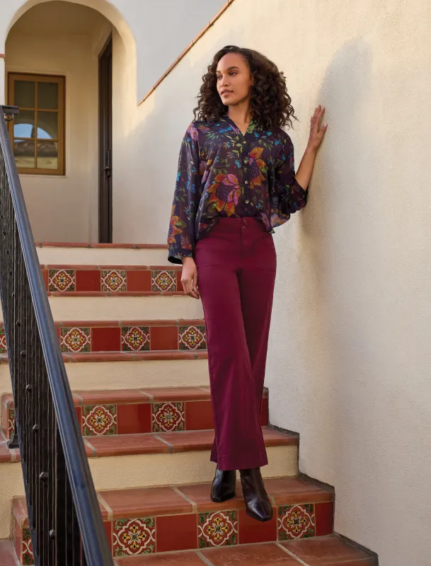 High Rise Fly-Front Wide Leg Pant With Pockets-Wine sold by Tribal