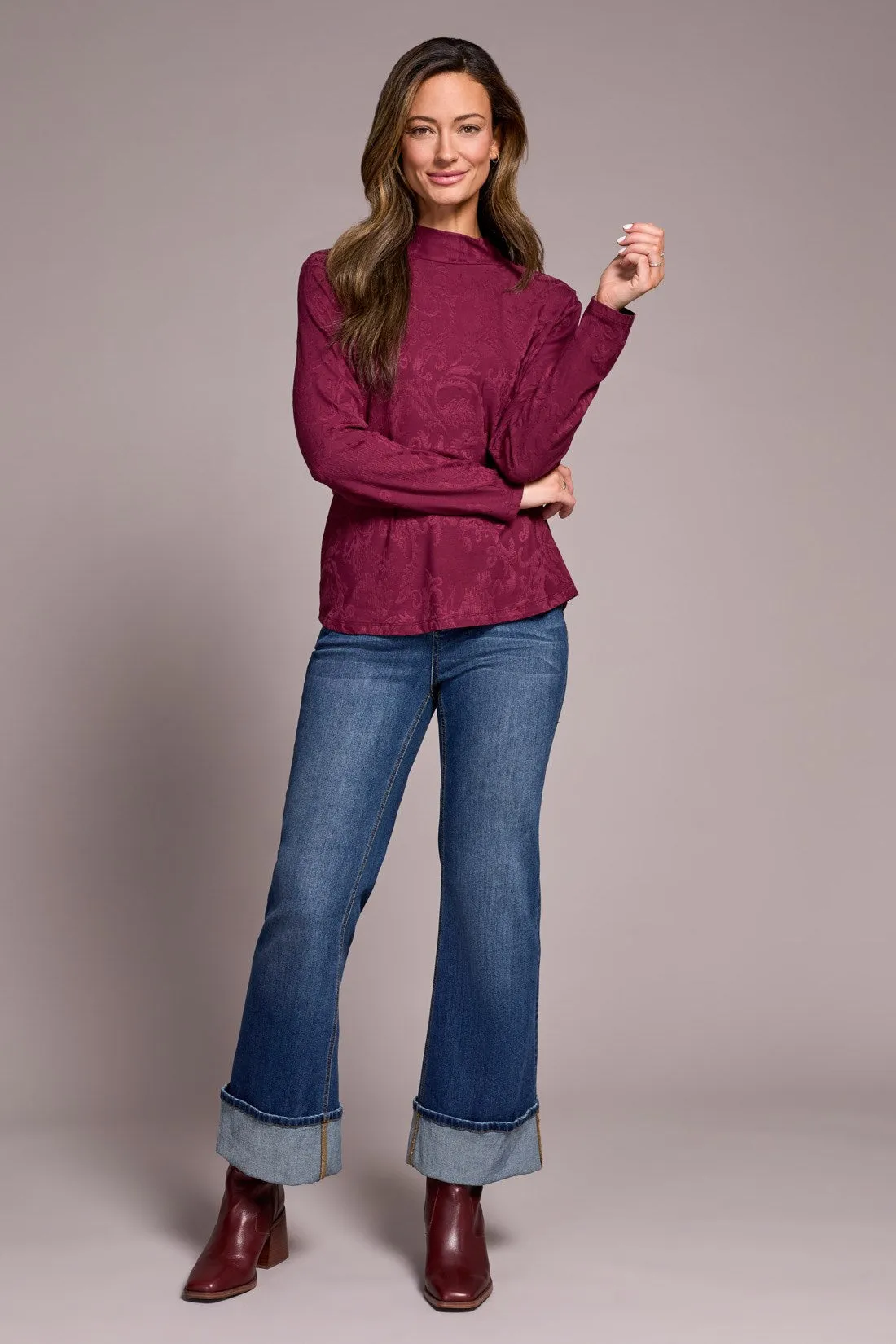 Jacquard Knit Long-Sleeve Mock Neck Top-Wine sold by Tribal product image thumbnail 3