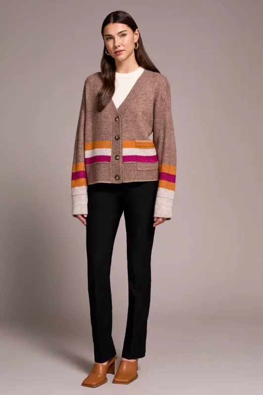 Stripe Long-Sleeve Sweater Cardigan With Pockets-Mocha sold by Tribal