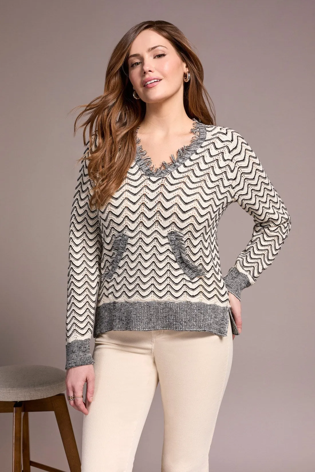 Fringe Long-Sleeve Hooded Sweater-H.charcoal sold by Tribal