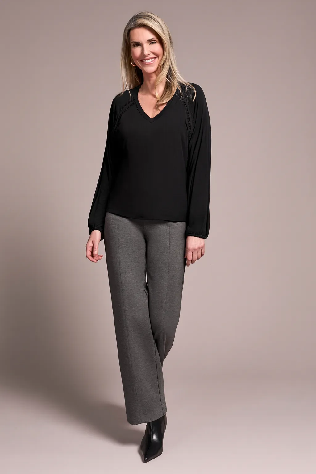 Pleat-Accent Long-Sleeve V-Neck Top-Black sold by Tribal