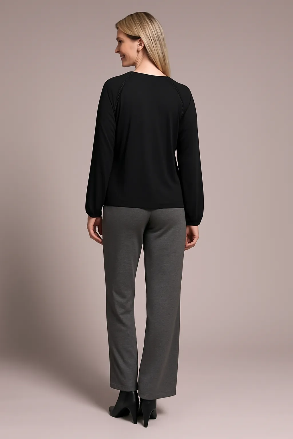 Pleat-Accent Long-Sleeve V-Neck Top-Black sold by Tribal product image thumbnail 2