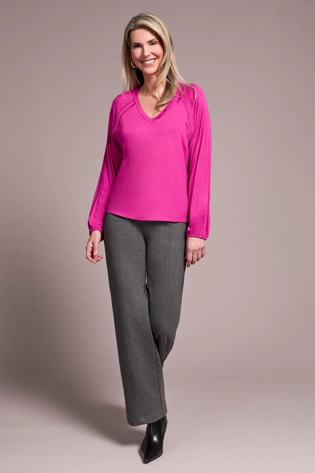 Pleat-Accent Long-Sleeve V-Neck Top-Pink flambe sold by Tribal product image thumbnail 2
