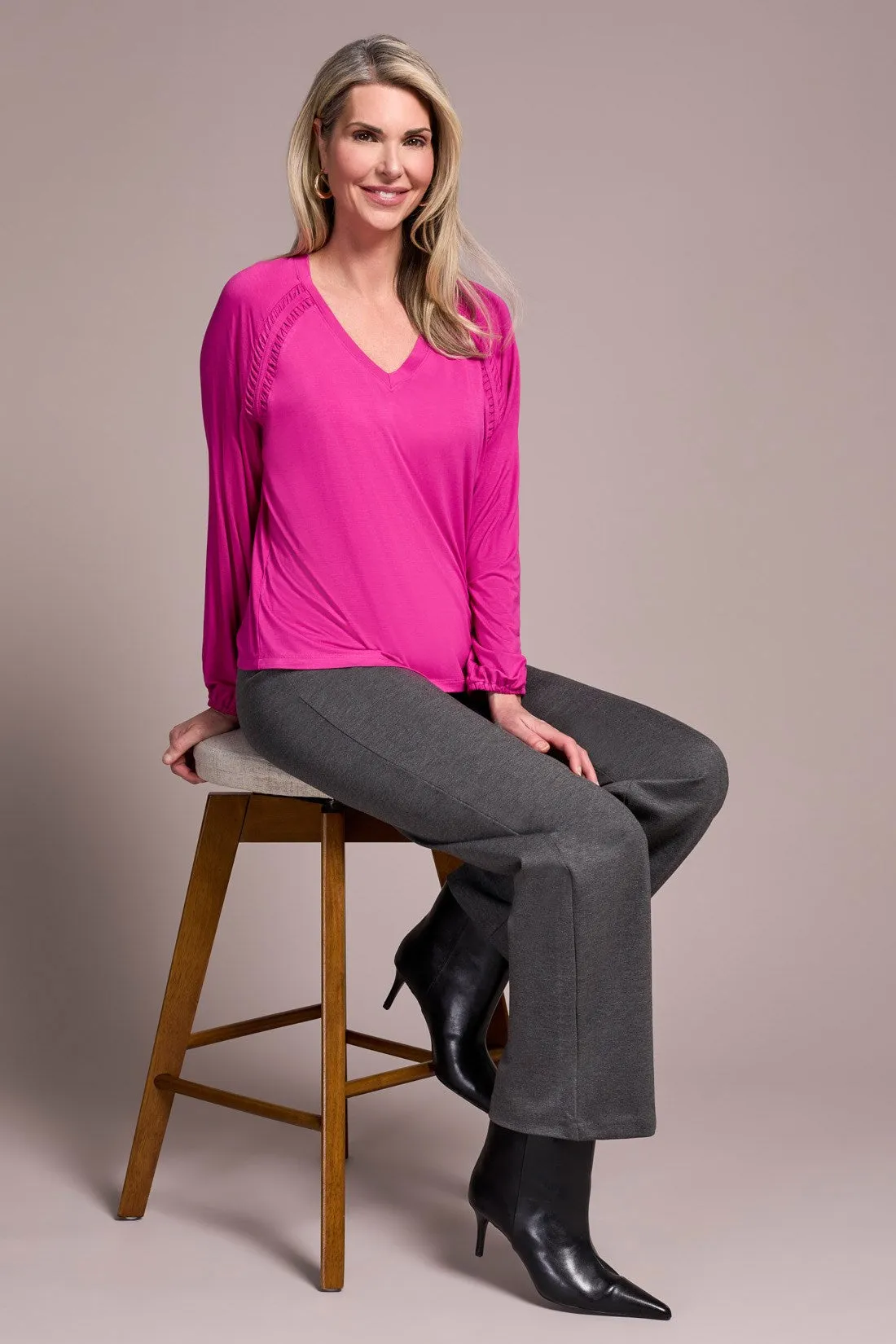 Pleat-Accent Long-Sleeve V-Neck Top-Pink flambe sold by Tribal product image thumbnail 3
