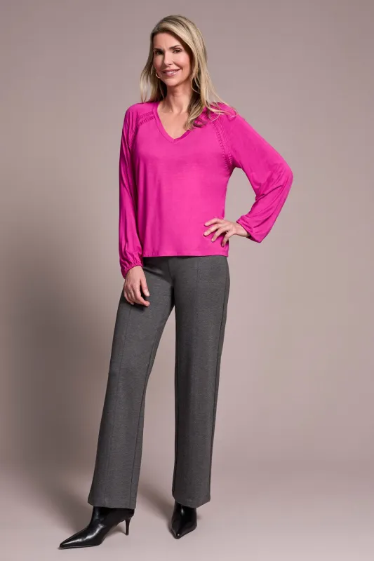 Pleat-Accent Long-Sleeve V-Neck Top-Pink flambe sold by Tribal