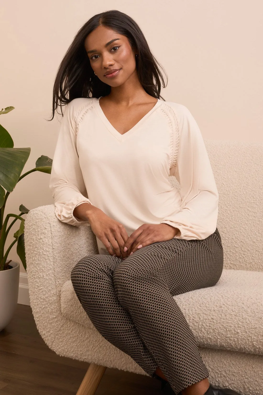 Pleat-Accent Long-Sleeve V-Neck Top-Moonstone sold by Tribal product image thumbnail 3