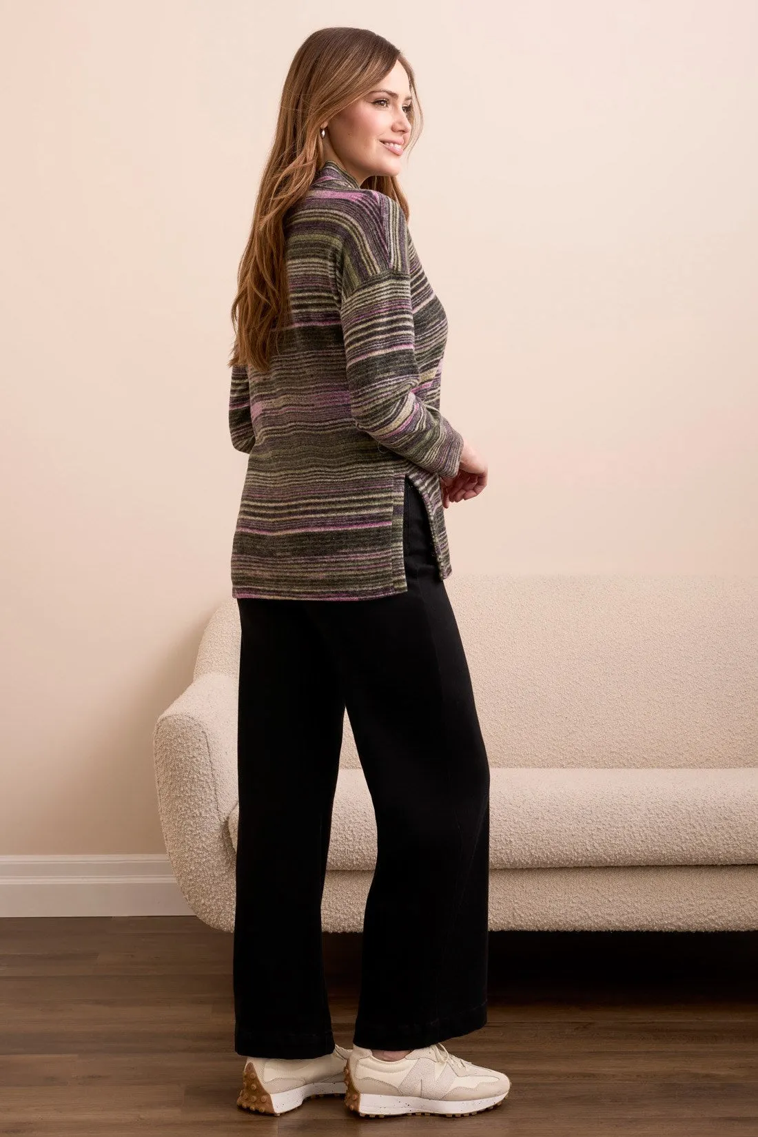 Striped Mock Neck Top With Side Slits-Pink flambe sold by Tribal product image thumbnail 3