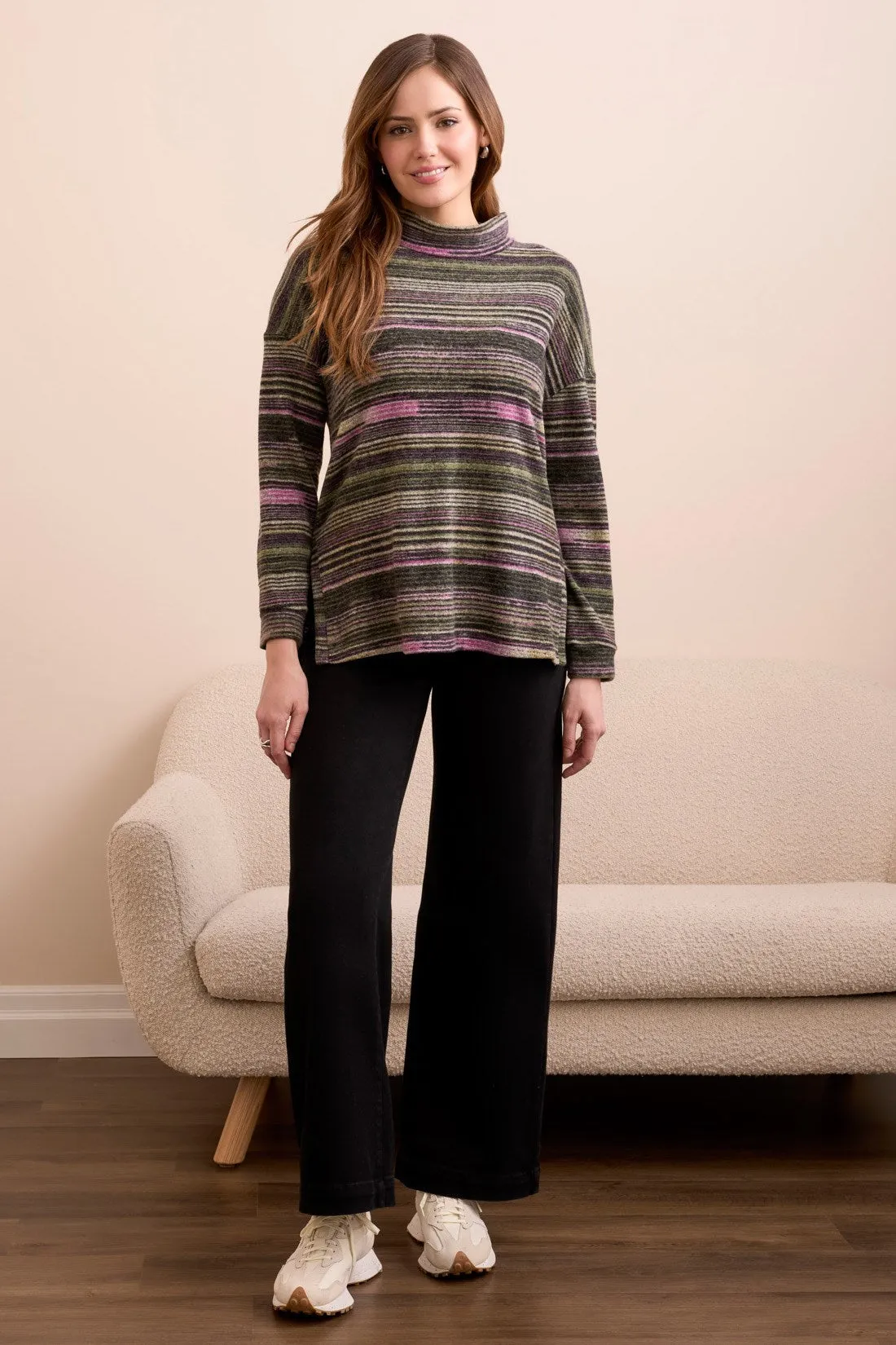 Striped Mock Neck Top With Side Slits-Pink flambe sold by Tribal