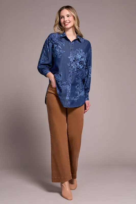 Tencel Printed Button-Up Chambray Blouse-Dkchambray made by Tribal