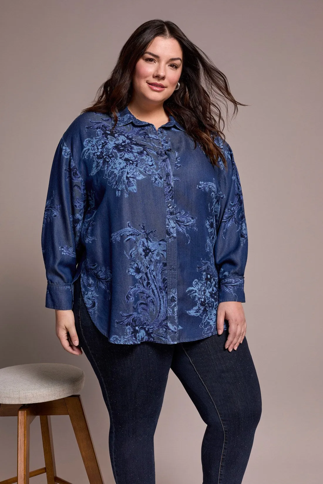 Tencel Printed Button-Up Chambray Blouse-Dkchambray sold by Tribal product image thumbnail 3