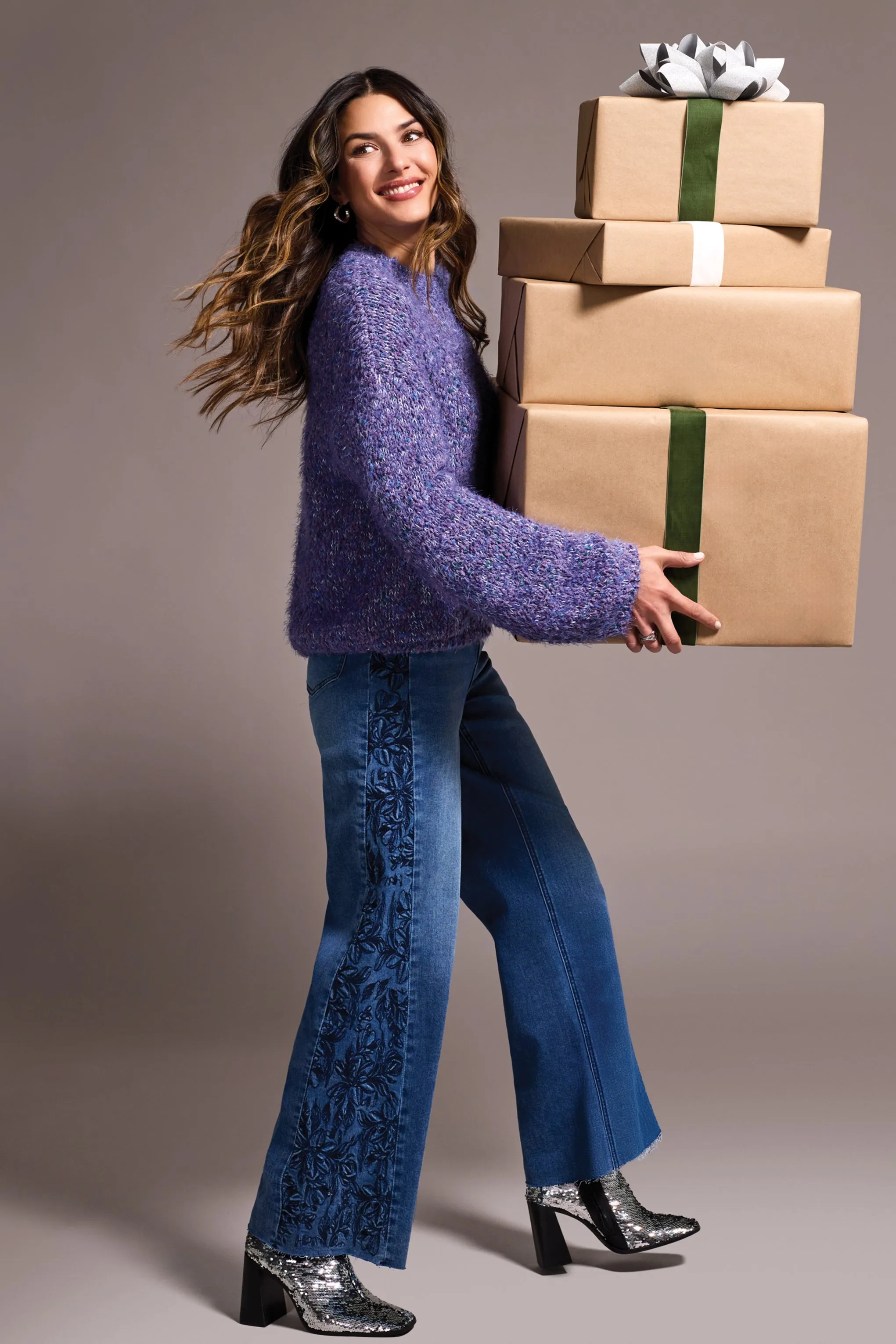 Fuzzy Eyelash Drop Shoudler Puff Sleeve Sweater-M blueviolet sold by Tribal