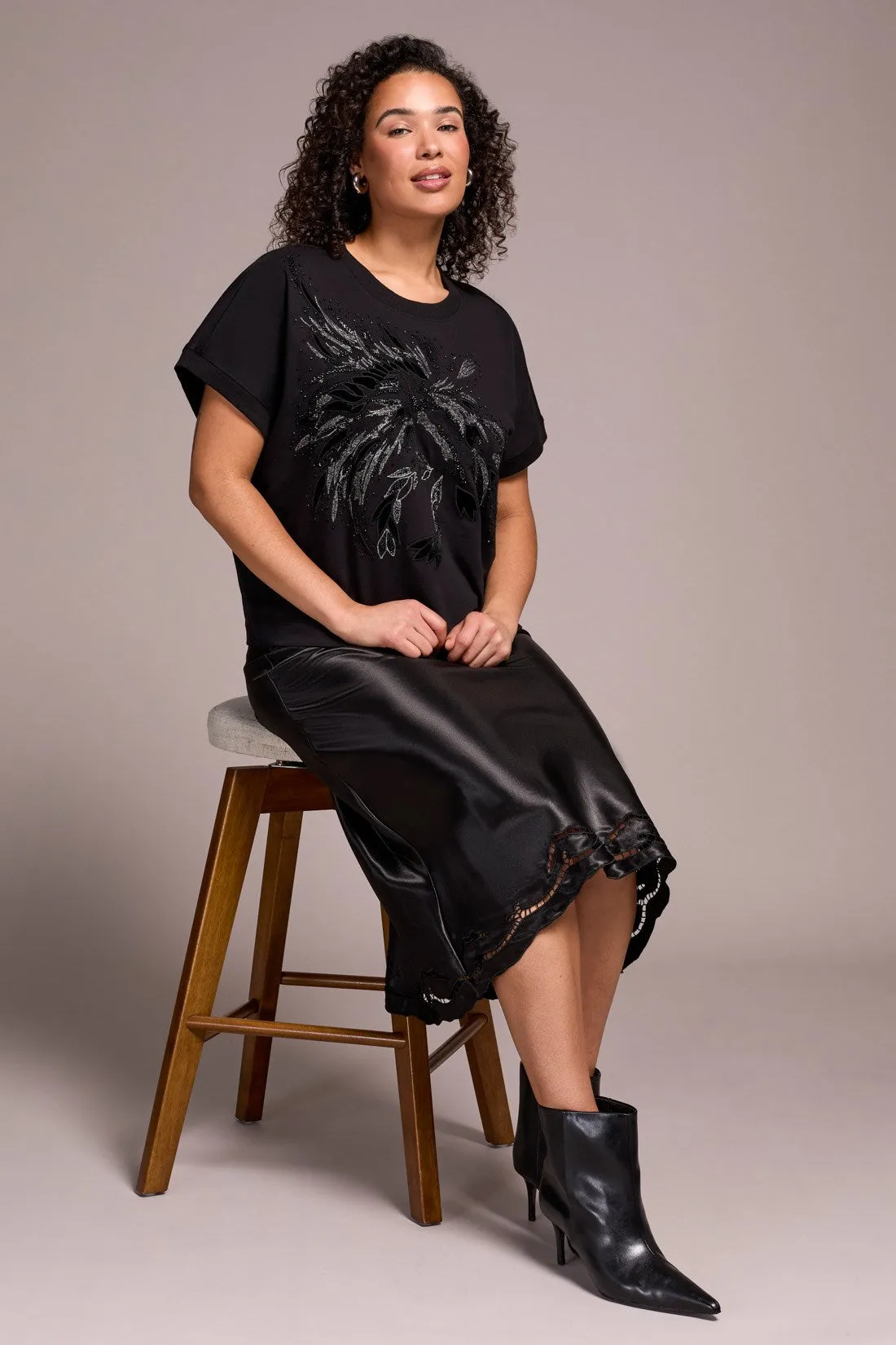 Beaded Embroidery Cap Sleeve Crew Neck Top-Black sold by Tribal product image thumbnail 2