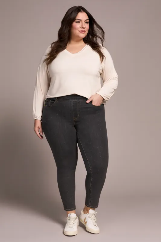 Audrey Mid Rise Pull-On Slim Ankle Glitter Jeans-Silvergrey sold by Tribal