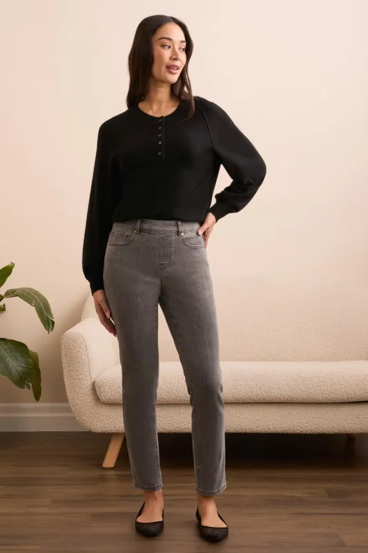 Audrey Mid Rise Pull-On Slim Ankle Glitter Jeans-Silvergrey sold by Tribal