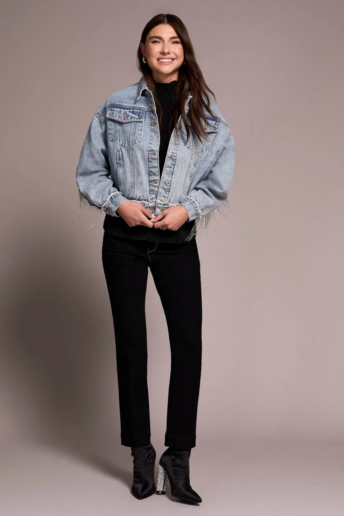 Denim Jacket With Chain Fringe Detail At Back-Bluesnow sold by Tribal
