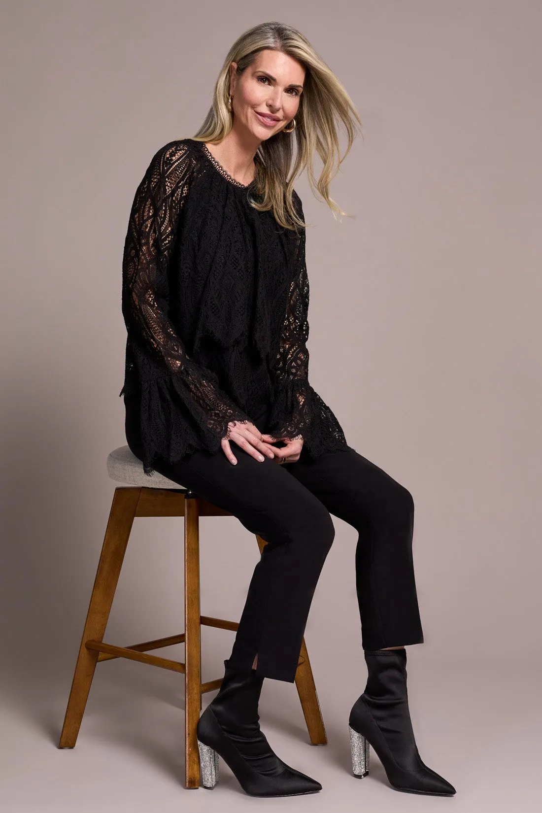 Lace Crew Newck Blouse With Lined Body-Black sold by Tribal product image thumbnail 2