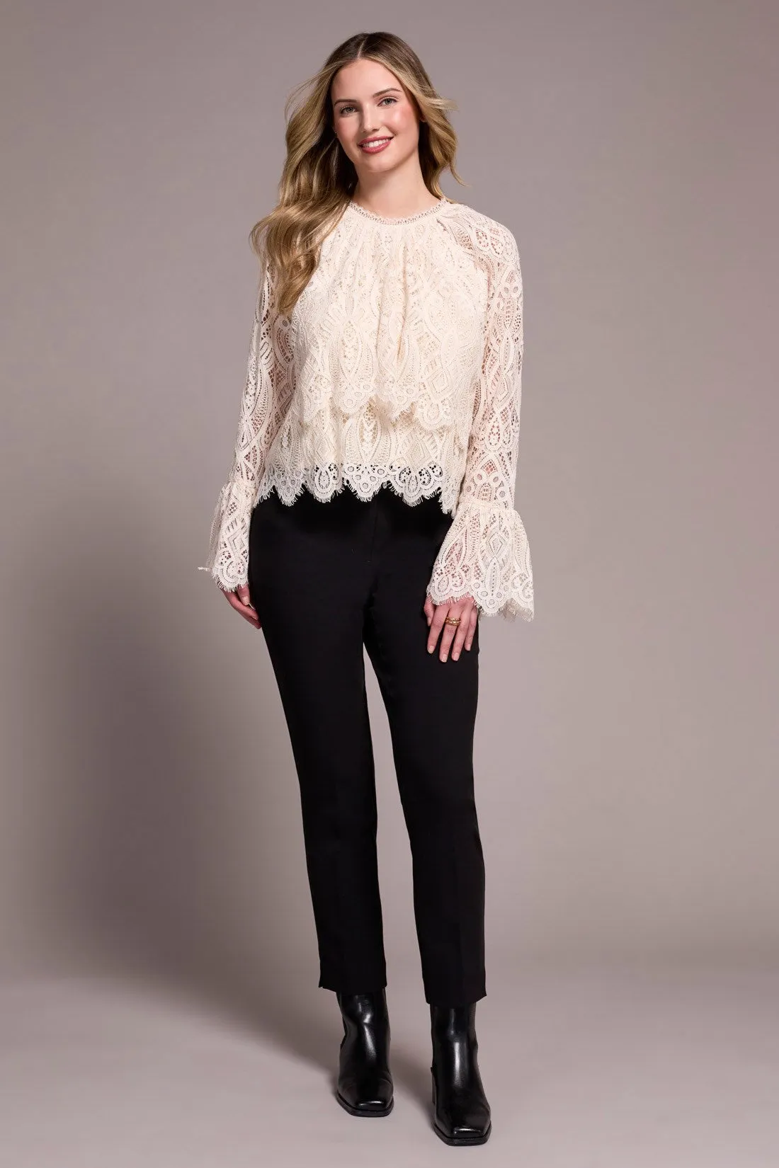 Lace Crew Newck Blouse With Lined Body-Moonstone sold by Tribal