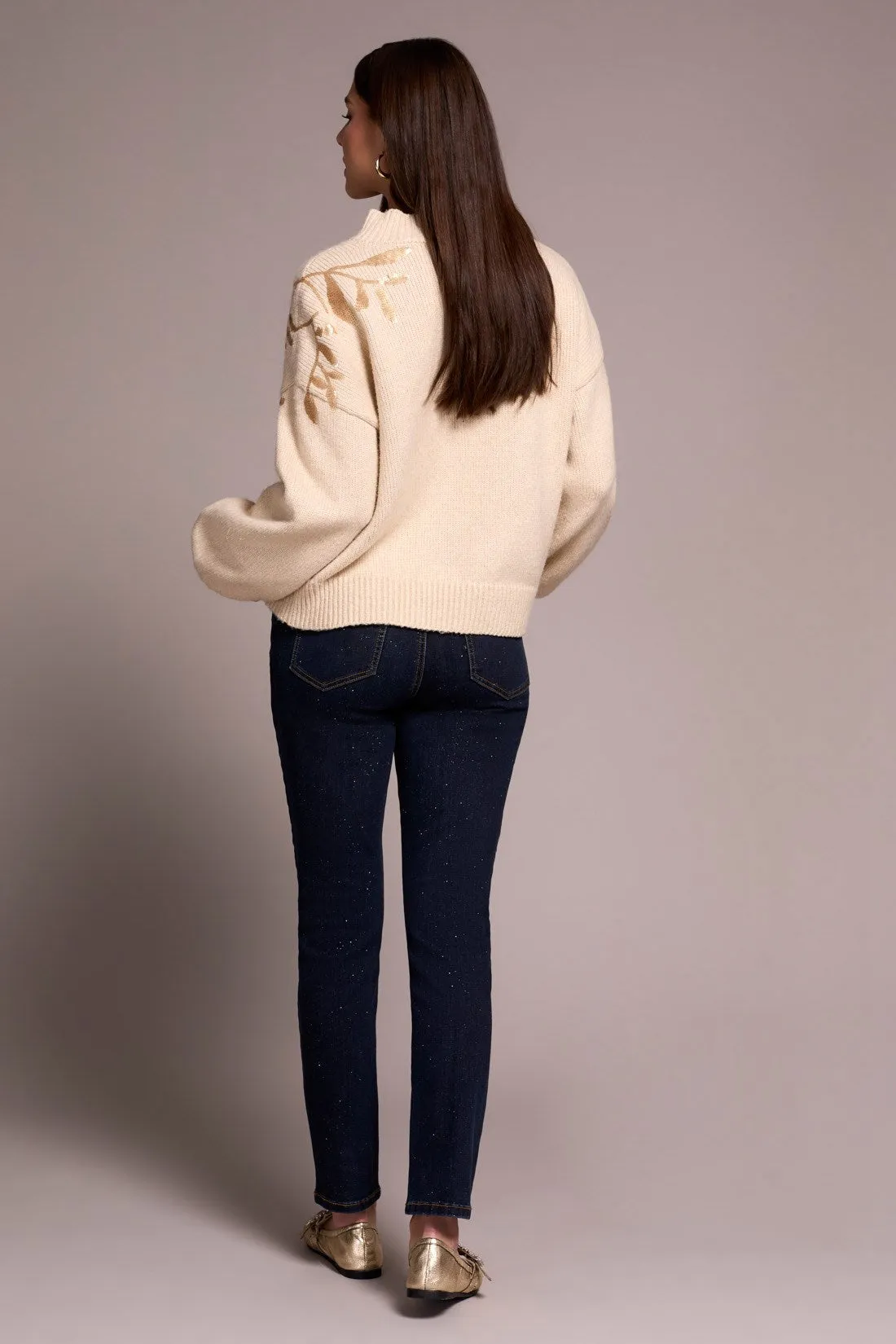 Sequin Floral Applique Mock Neck Sweater-H latte sold by Tribal product image thumbnail 3