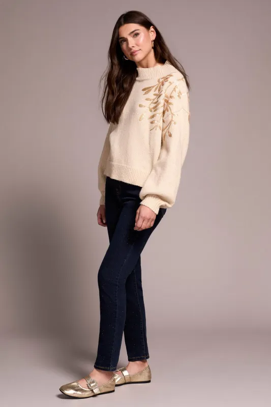 Sequin Floral Applique Mock Neck Sweater-H latte sold by Tribal