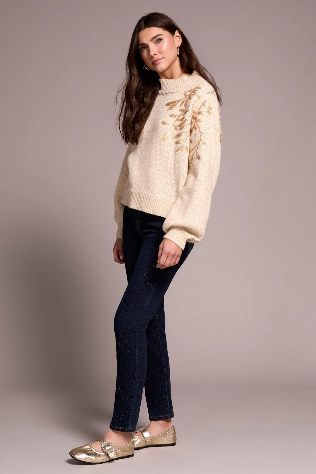 Sequin Floral Applique Mock Neck Sweater-H latte sold by Tribal