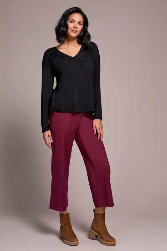 Soft Shine Effect V-Neck Drop Shoulder Top-Black sold by Tribal