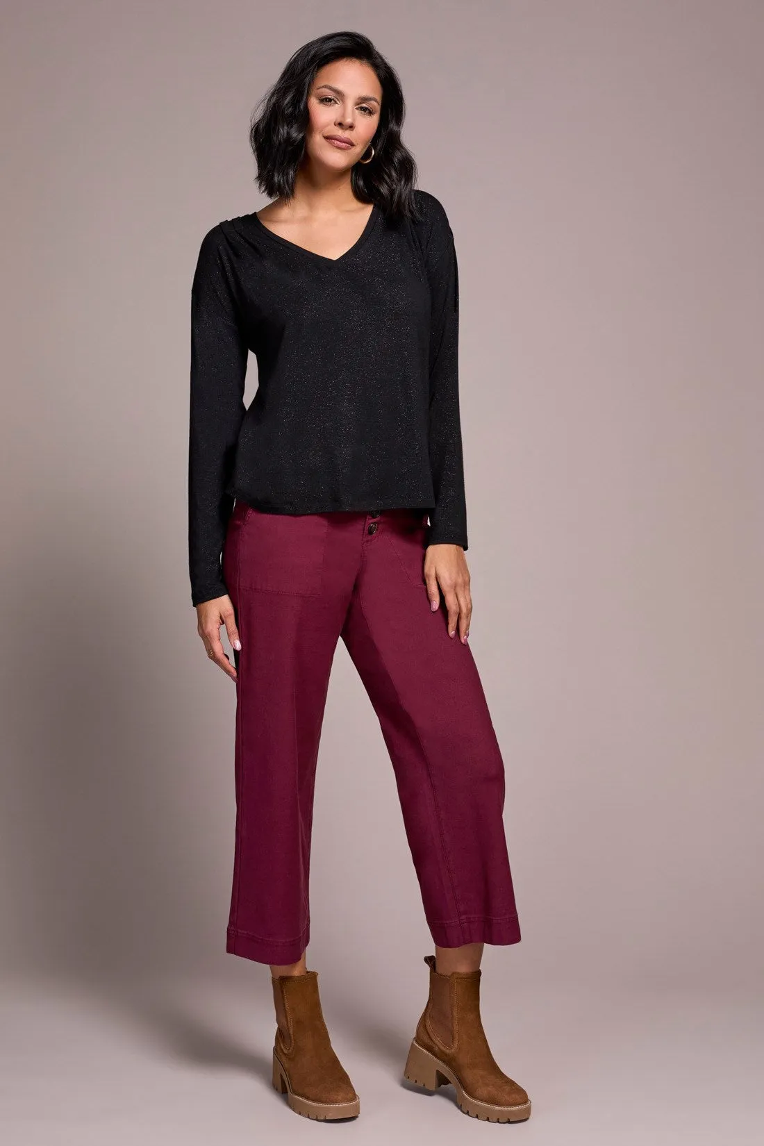 Soft Shine Effect V-Neck Drop Shoulder Top-Black sold by Tribal