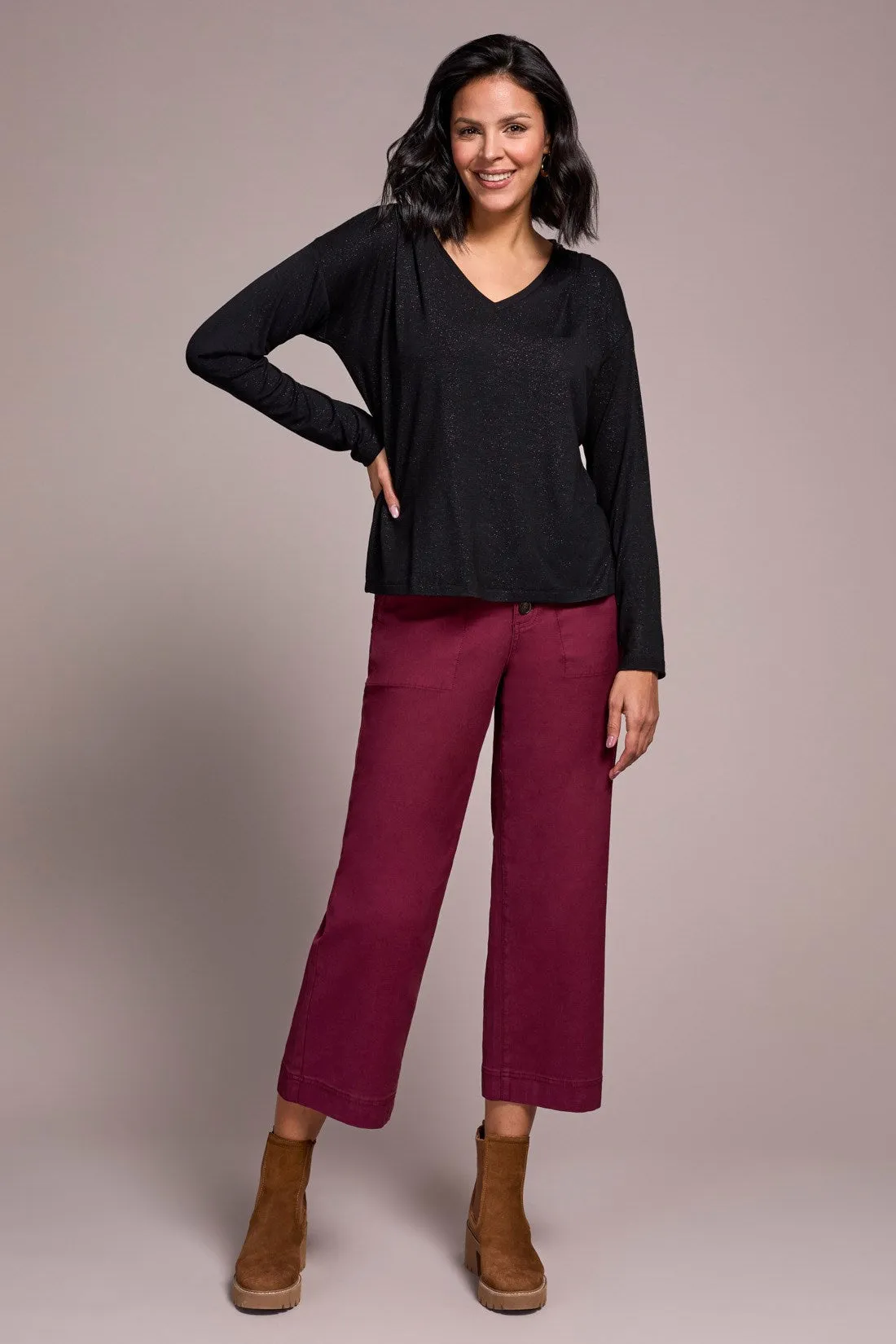 Soft Shine Effect V-Neck Drop Shoulder Top-Black sold by Tribal product image thumbnail 2