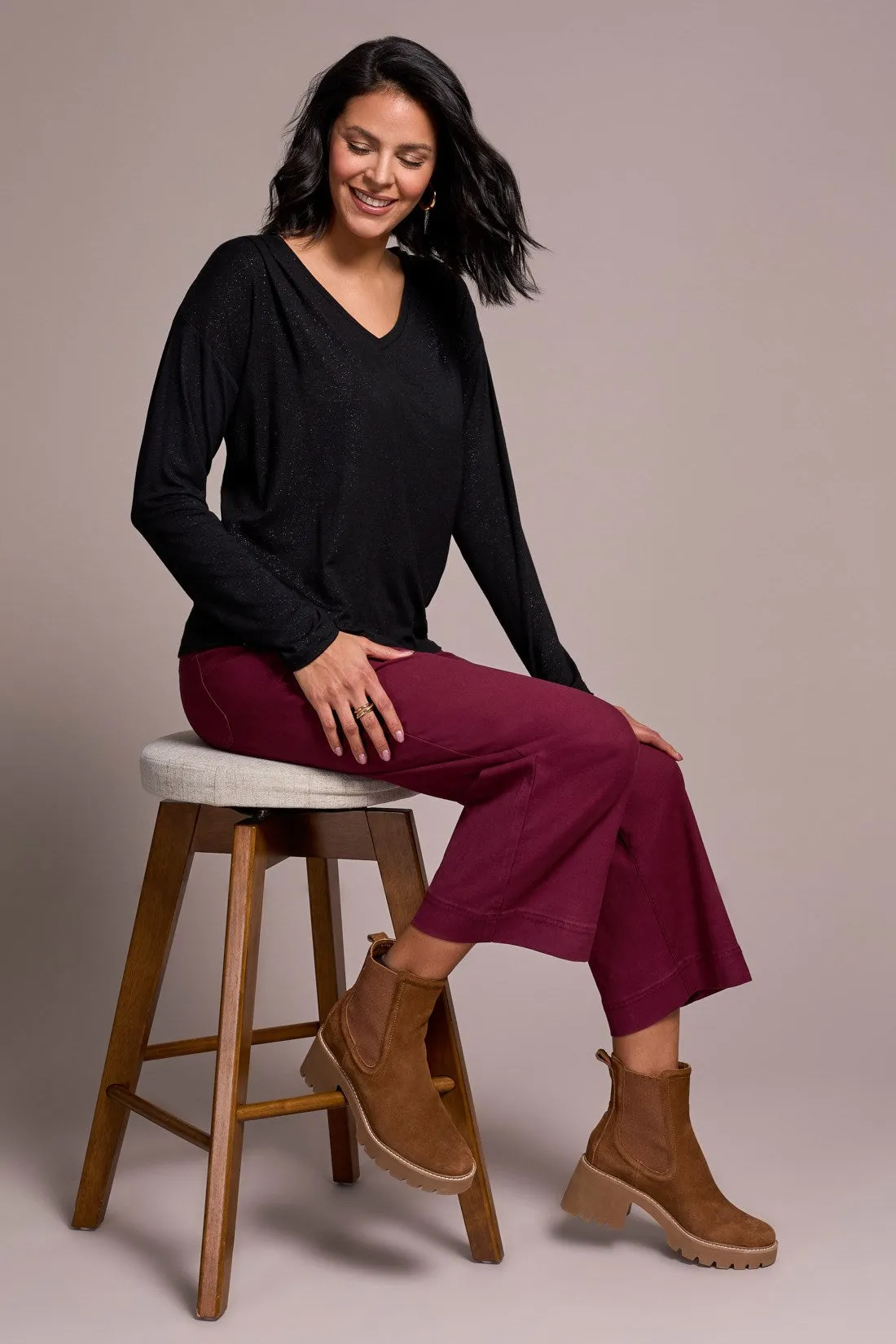 Soft Shine Effect V-Neck Drop Shoulder Top-Black sold by Tribal product image thumbnail 3