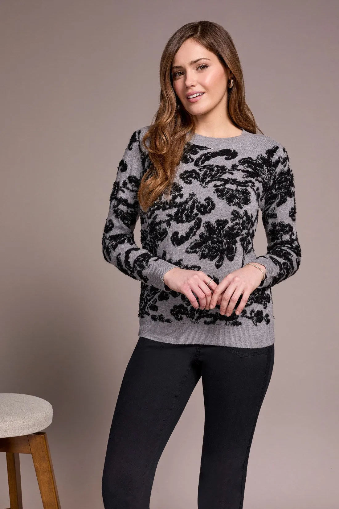 Soft Boucle Jacquard Long-Sleeve Crew Neck Sweater-Grey mix sold by Tribal