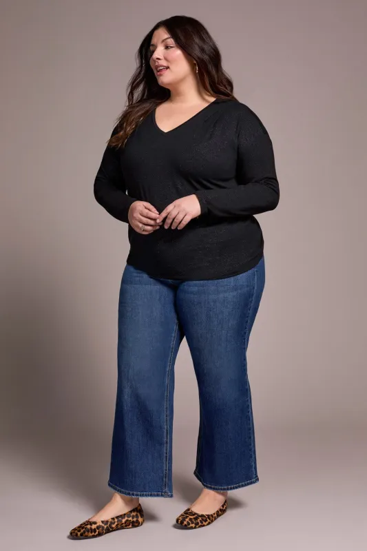 Soft Shine Effect V-Neck Drop Shoulder Top-Black sold by Tribal