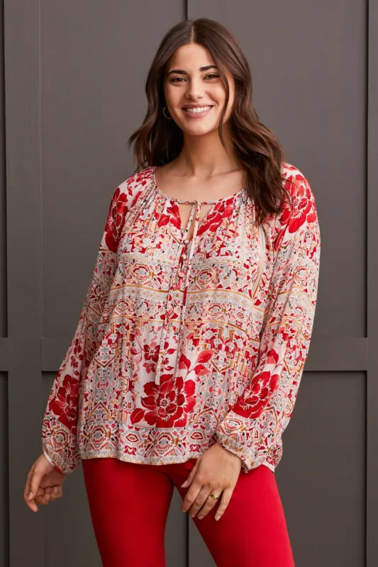 FLOWY PRINTED CREPE BLOUSE WITH TIES-Scarlet sold by Tribal