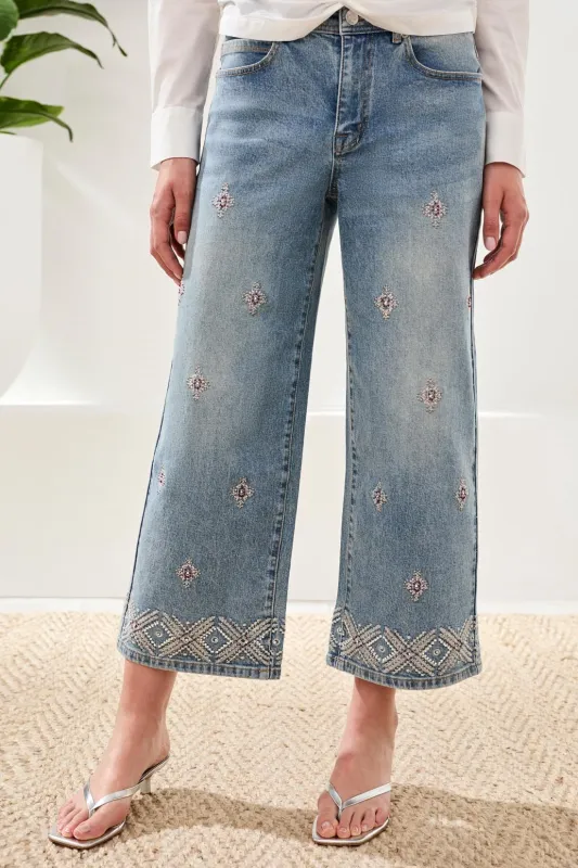 Audrey Hugging Wide Leg Denim With Embroidered Finish-Sweetblue made by Tribal