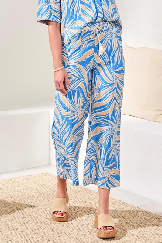 Printed Flowy Ankle Pants With Drawcord At Waist-Royal sold by Tribal