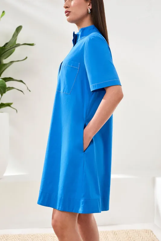A-Line Stretch Poplin Snap Front Dress-Royal sold by Tribal