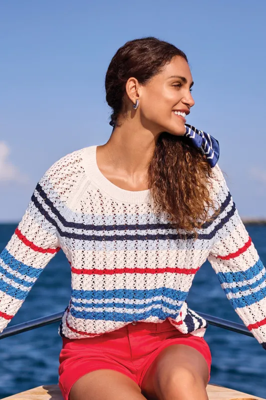 Striped Cotton Crew Neck Sweater With Cable Detail-Royal sold by Tribal