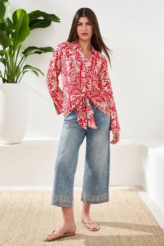 Printed Puckered Challis Blouse With Tie Front-Sangria sold by Tribal