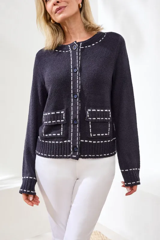 Boucle Yarn Contrast Stitch Cardigan-Jet blue sold by Tribal