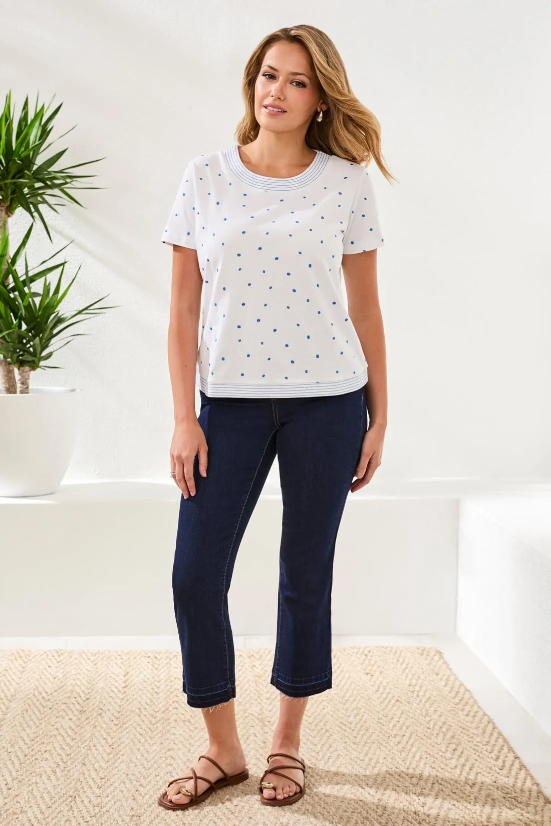 Embroidered Polka Dot Double-Yarn 3/4 Sleeve Knit Top-White sold by Tribal