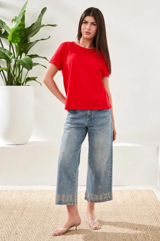 Cotton Slub Short Sleeve Top With Lace Detail-Sangria made by Tribal