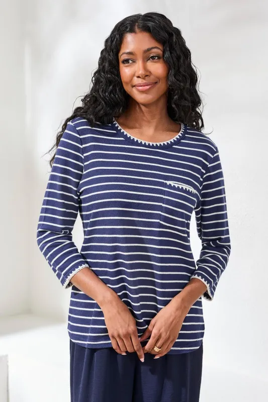 Textured Stripe Knit 3/4 Sleeve Crew Neck Top With Contrast Detail-Jet blue sold by Tribal