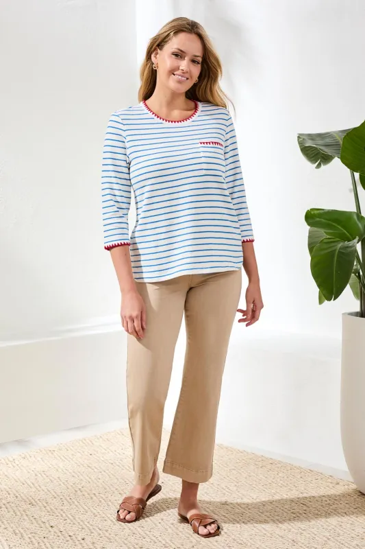 Textured Stripe Knit 3/4 Sleeve Crew Neck Top With Contrast Detail-Royal sold by Tribal