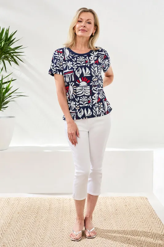 Printed Slub Knit Crew Neck Top-Jet blue sold by Tribal