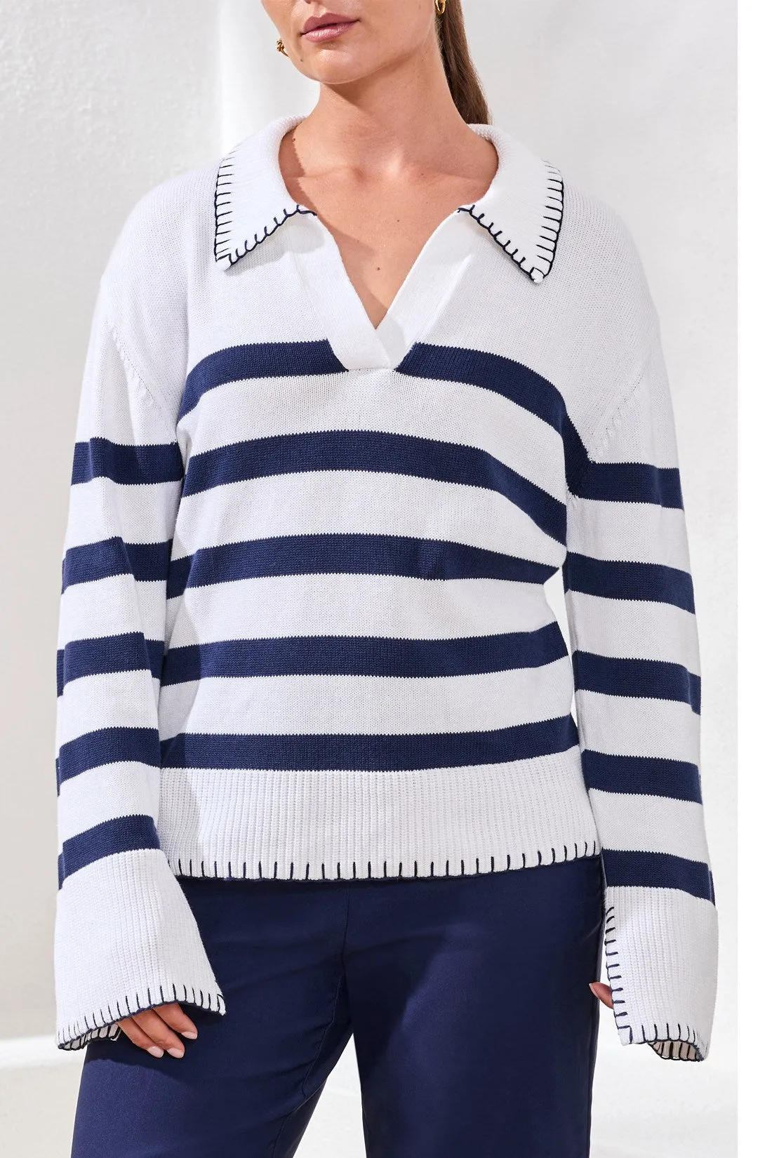 Striped Cotton Polo Sweater With Contrast Blanket Stitch-Jet blue sold by Tribal product image thumbnail 3