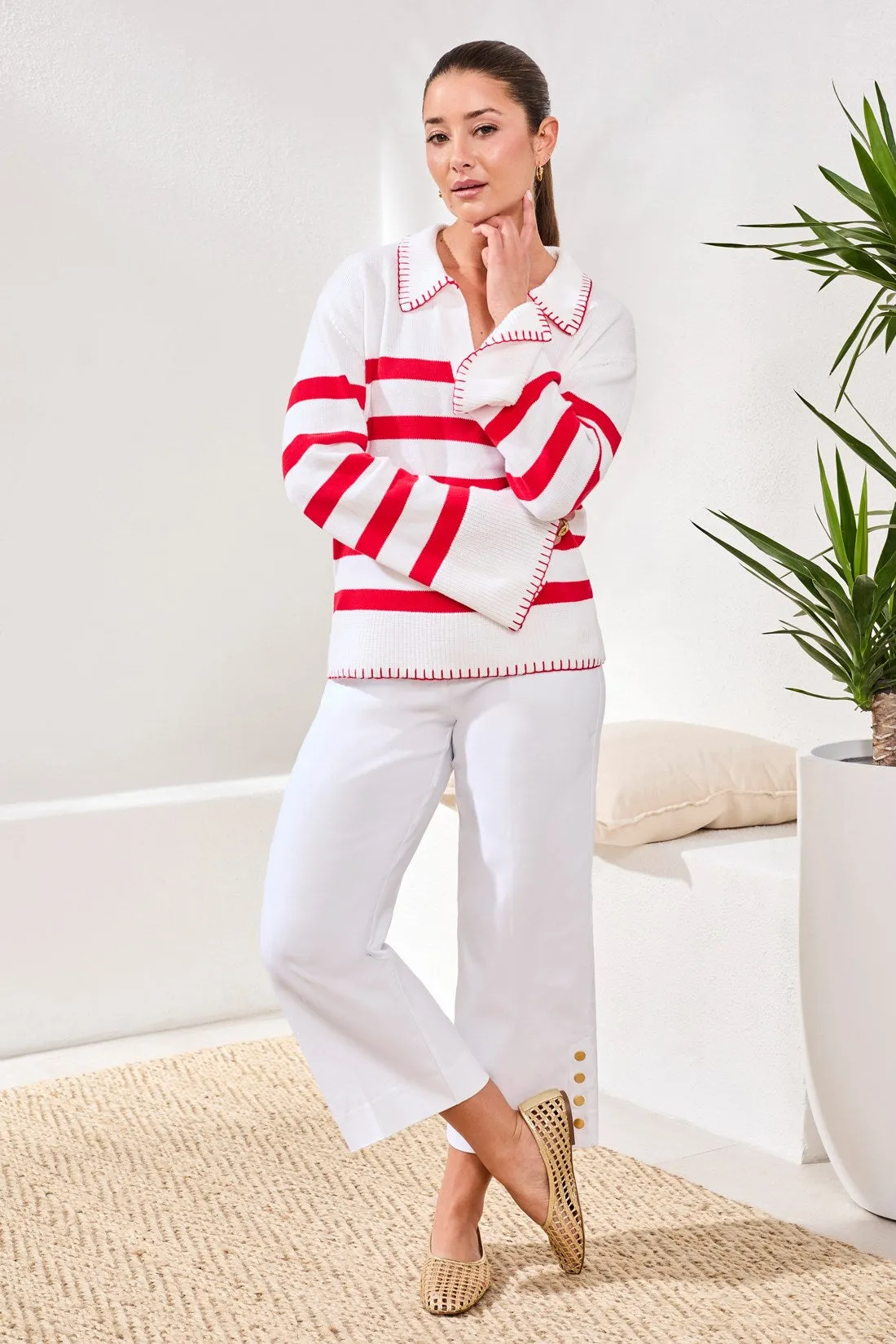 Striped Cotton Polo Sweater With Contrast Blanket Stitch-Sangria sold by Tribal product image thumbnail 2