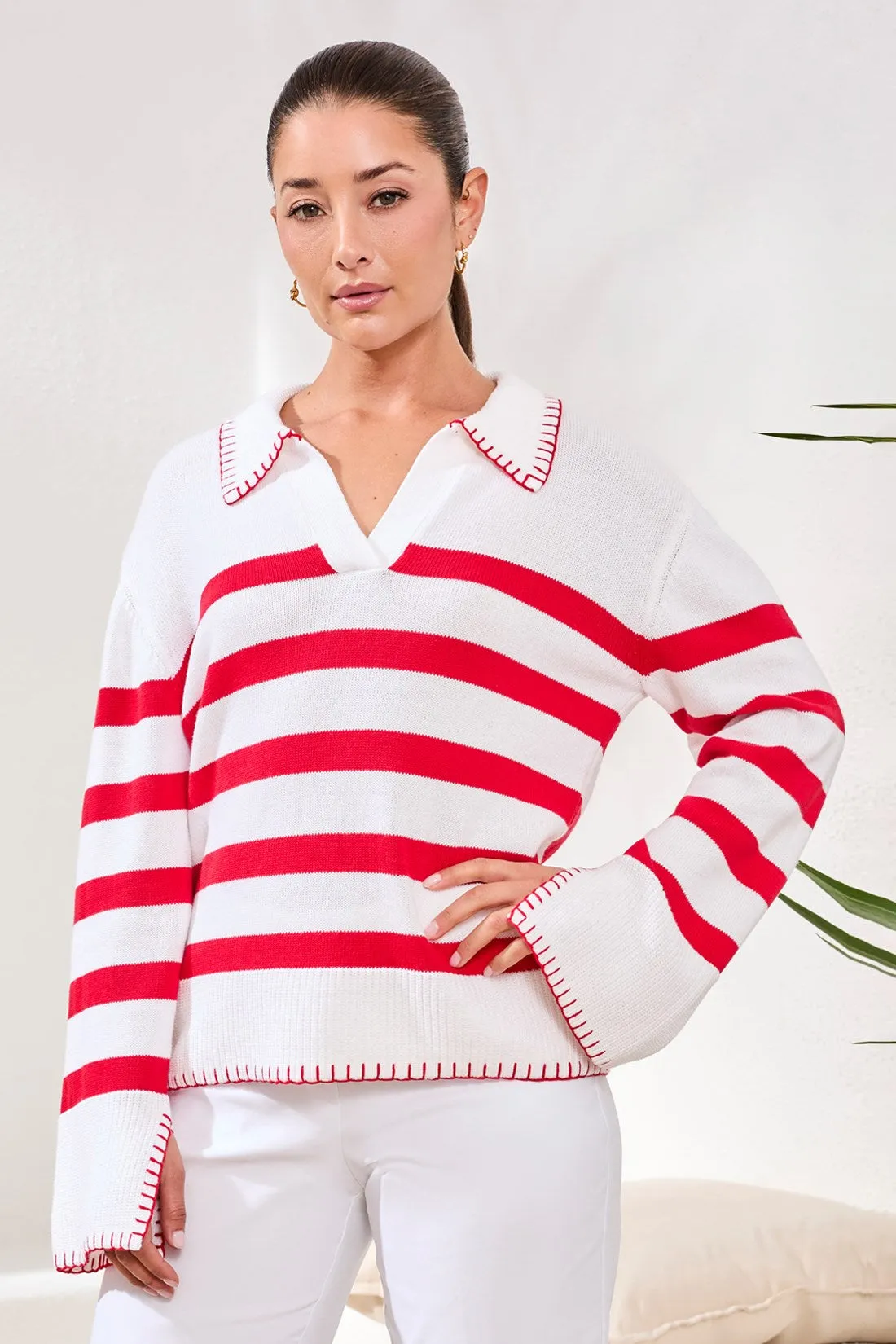 Striped Cotton Polo Sweater With Contrast Blanket Stitch-Sangria sold by Tribal