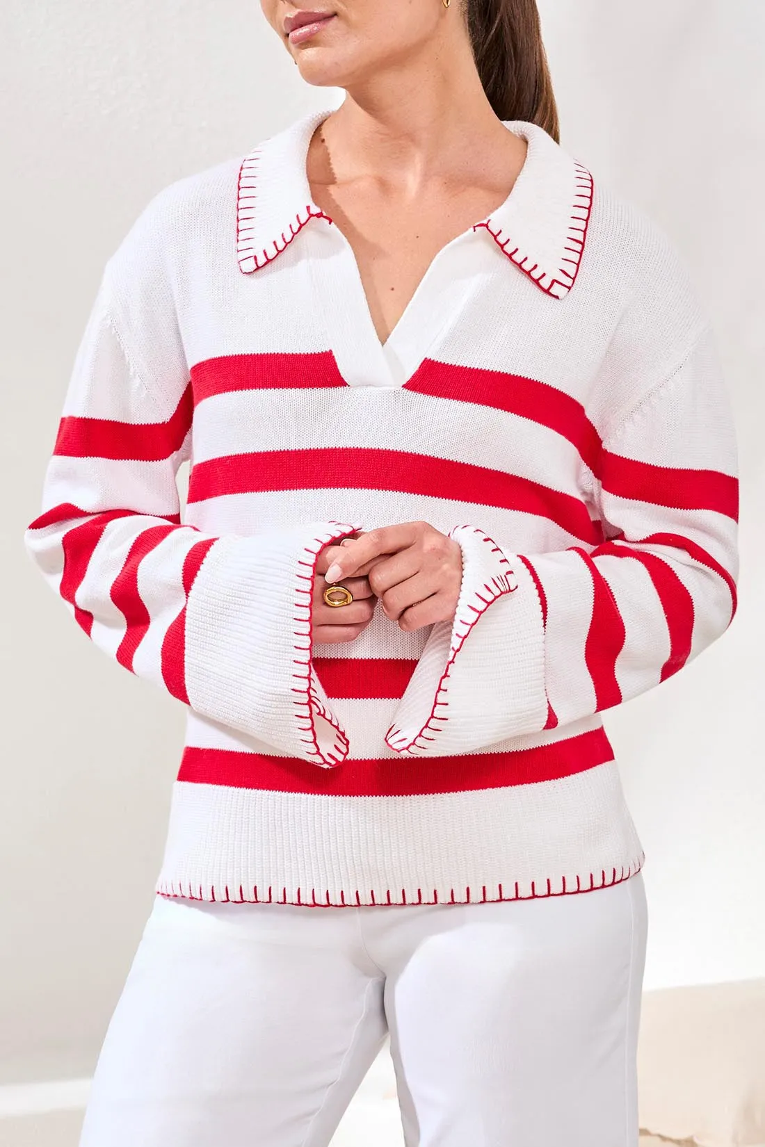 Striped Cotton Polo Sweater With Contrast Blanket Stitch-Sangria sold by Tribal product image thumbnail 3