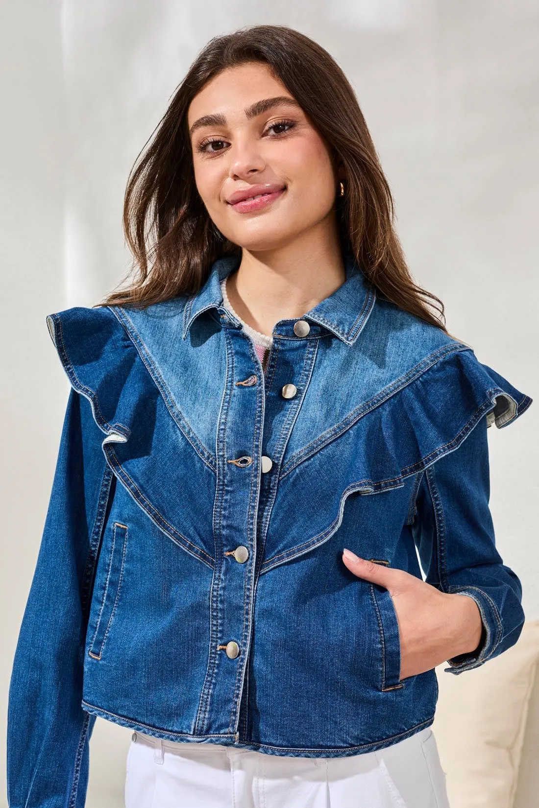 Fashion Denim Jacket With Sculpted Ruffle Detail-Dk pacific sold by Tribal product image thumbnail 3
