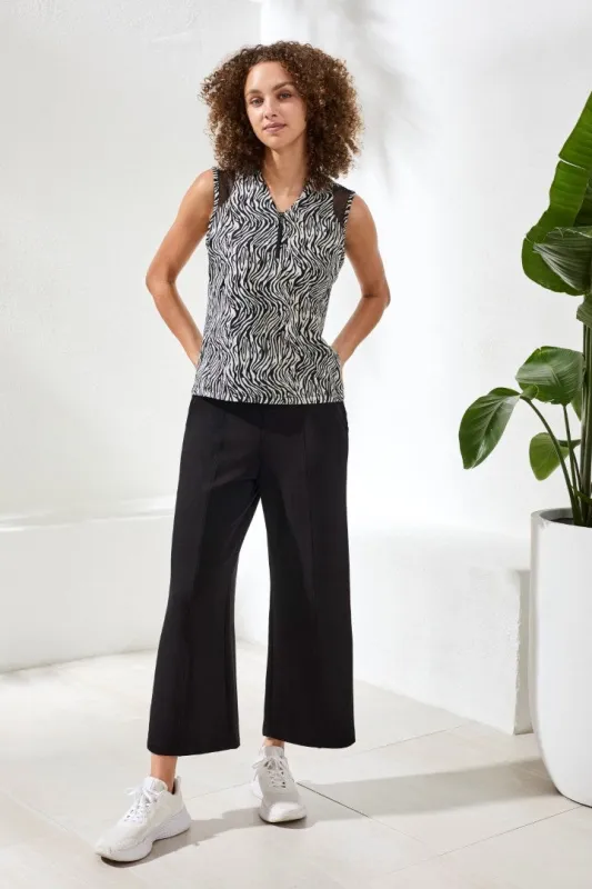 Zebra Sleeveless Zip Front Mesh Accent Top-Black sold by Tribal