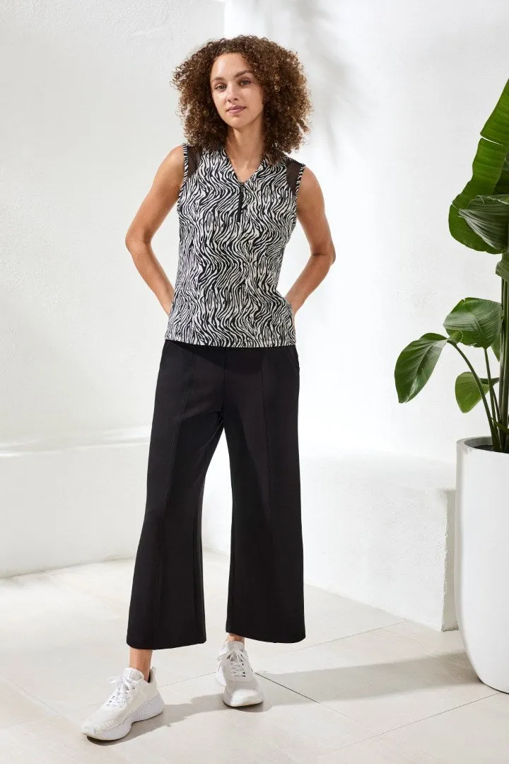Zebra Sleeveless Zip Front Mesh Accent Top-Black sold by Tribal